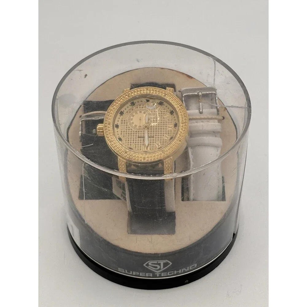NEW Super Techno Mens Watch I-5371 Gold Tone Diamond .12 CT READ NOTES